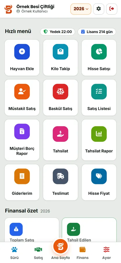 Bikurbanlık telefon ana ekranı: hayvan ekle, kilo takip, hisse, müstakil ve baskül satış, tahsilat ve gider kısayolları
