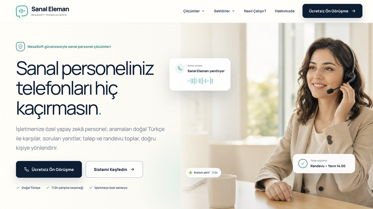 Sanal Eleman web sitesi: kulaklıklı çağrı karşılama görevlisi, gelen aramayı yanıtlayan ve randevu talebini alan yapay zekâ asistanı