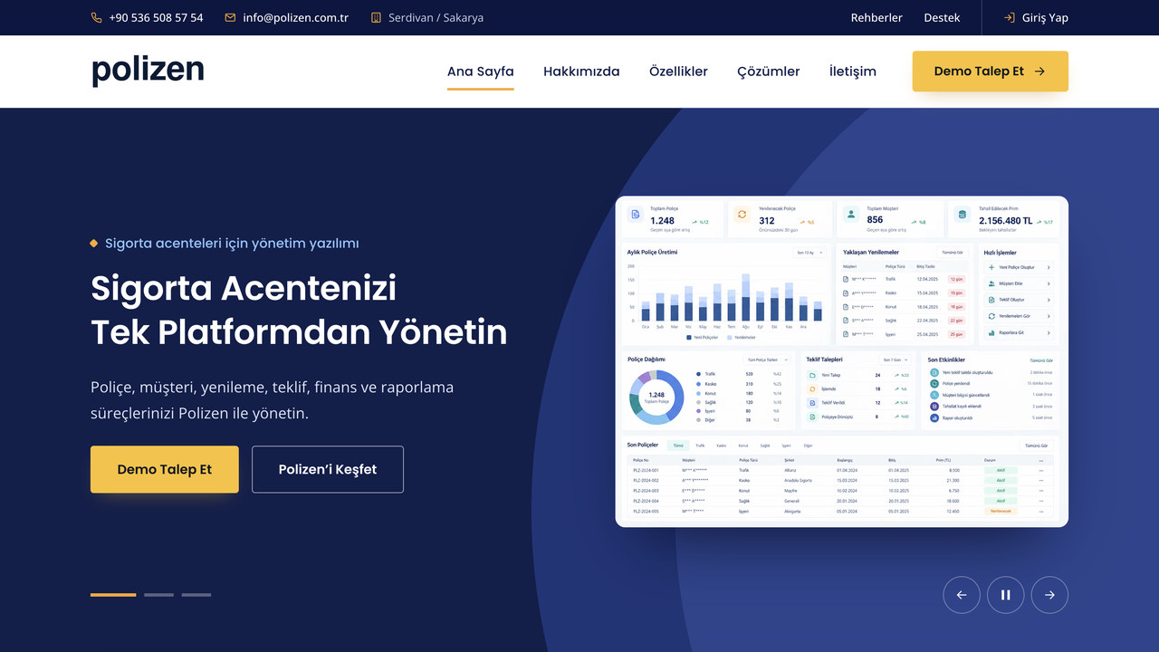 Sigorta acenteleri için yönetim yazılımının web sitesi: poliçe, yenileme, teklif ve tahsilat özetlerini gösteren yönetim paneli